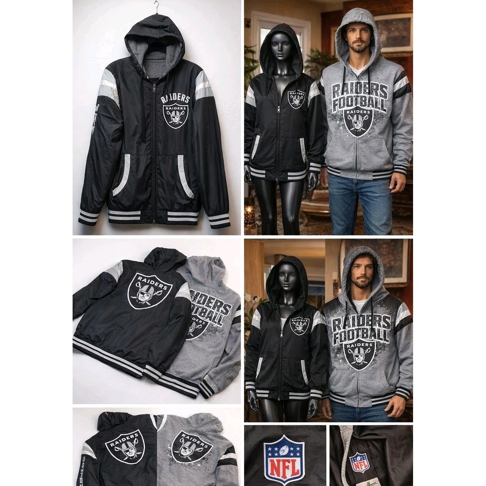 Oakland Raiders Reversible Hood Jacket G-III‎ Mens M Full Zip Y2K Black Gray NFL